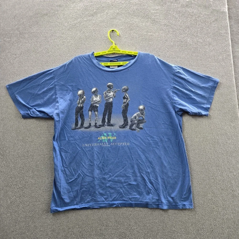 VINTAGE Alien Wear Men Shirt 3XL Blue 90s USA Universally Accepted UFO READ